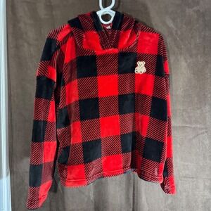 Kids JoySpun Red Black Buffalo Plaid Fleece Hoodie With Bear Patch Size L